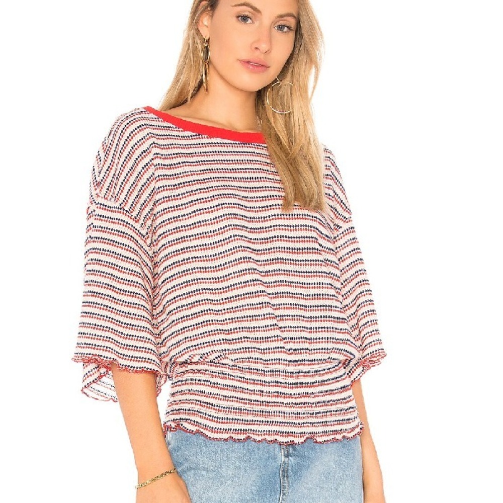 We the FREE PEOPLE Tee Ebony Red Blue Stripe Smocked Top Size XS Short Sleeve